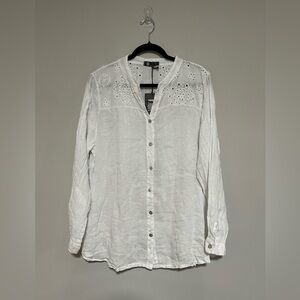 Made in Italy White Linen Long Sleeve Top Eyelet Trim Roll Tab Sleeves Large NEW